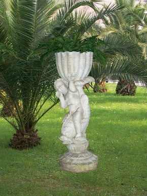Putti portavaso in cemento bianco per arredo giardino